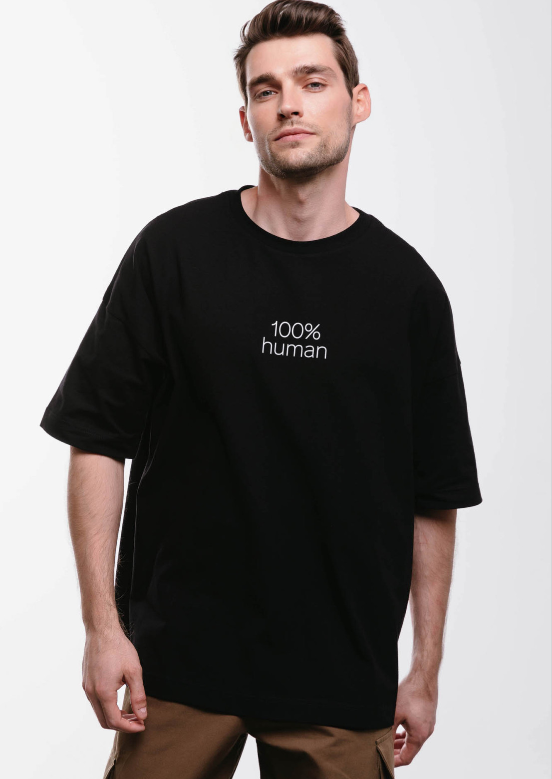 Black color mega oversize unisex "100% human" T-shirt 